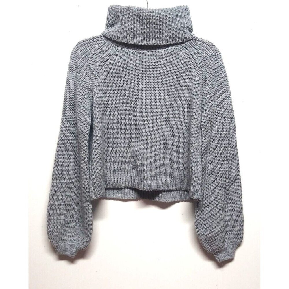 NWOT Womens Cropped cowlneck Sweater Lantern Sleeve Sz L Knit Pullover Gray NEW - Picture 2 of 9